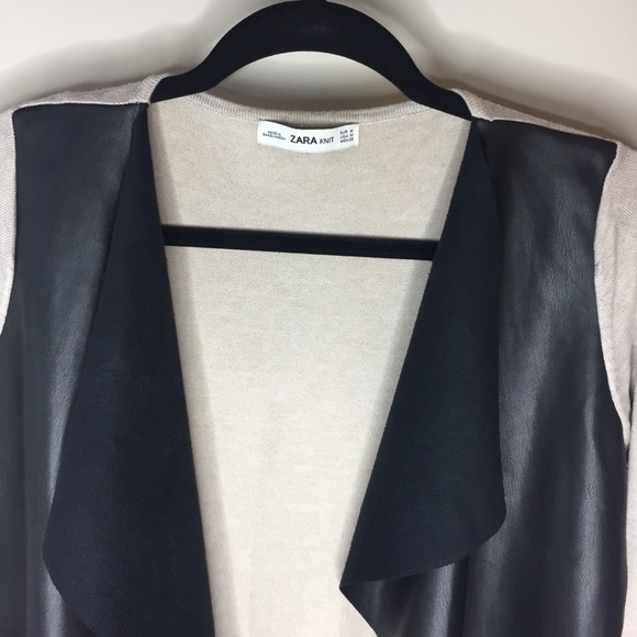 Zara Knit colour blocked faux leather and tan waterfall cardigan - Sz M - Picture 6 of 8